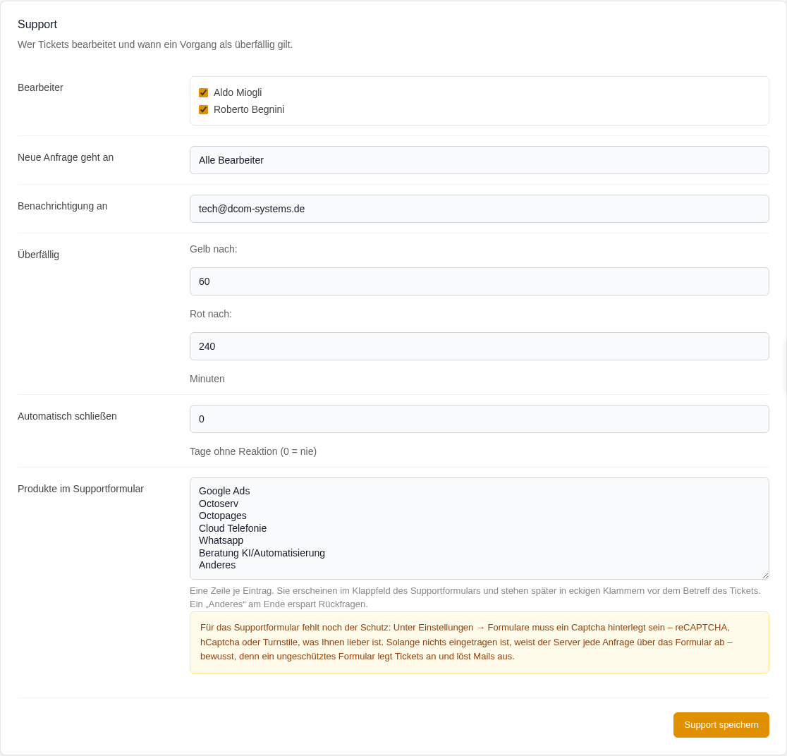 Einstellungskarte Support mit Bearbeitern, Verteilung, Benachrichtigungsadresse, Farbschwellen und Produktliste
