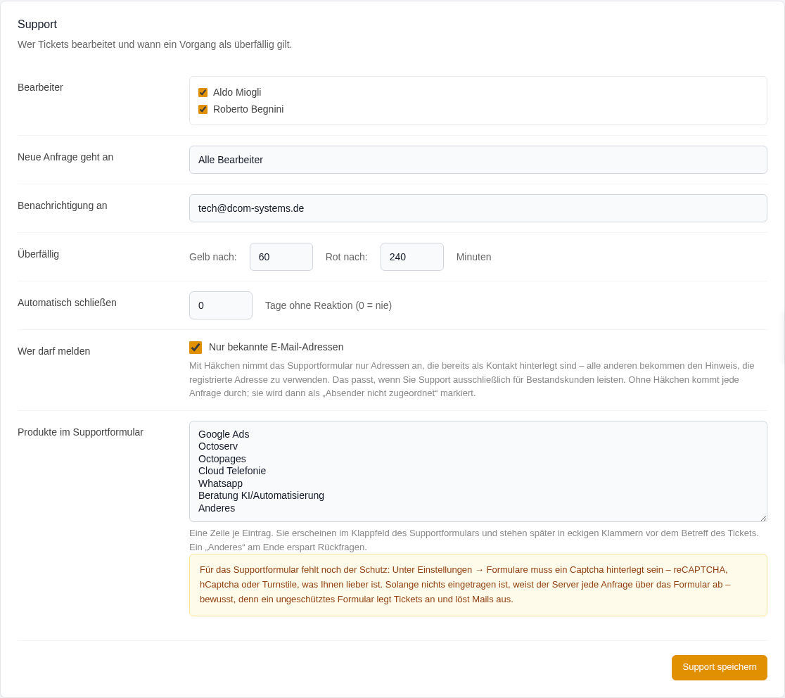 Einstellungskarte Support mit dem Schalter „Nur bekannte E-Mail-Adressen&ldquo;