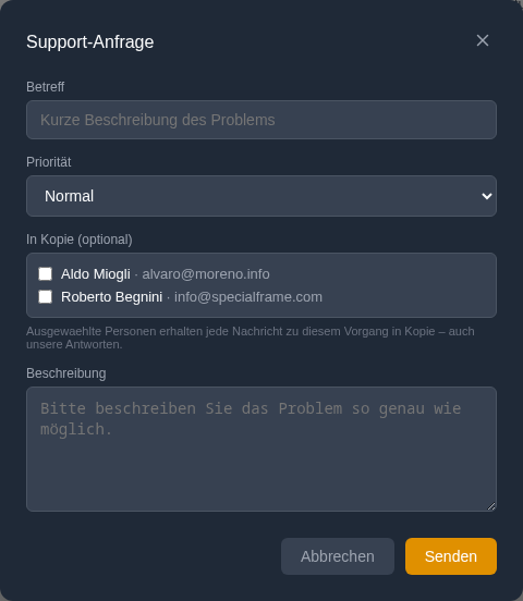 Support-Formular mit Betreff, Priorit&auml;t, Auswahl der Personen in Kopie und Beschreibung
