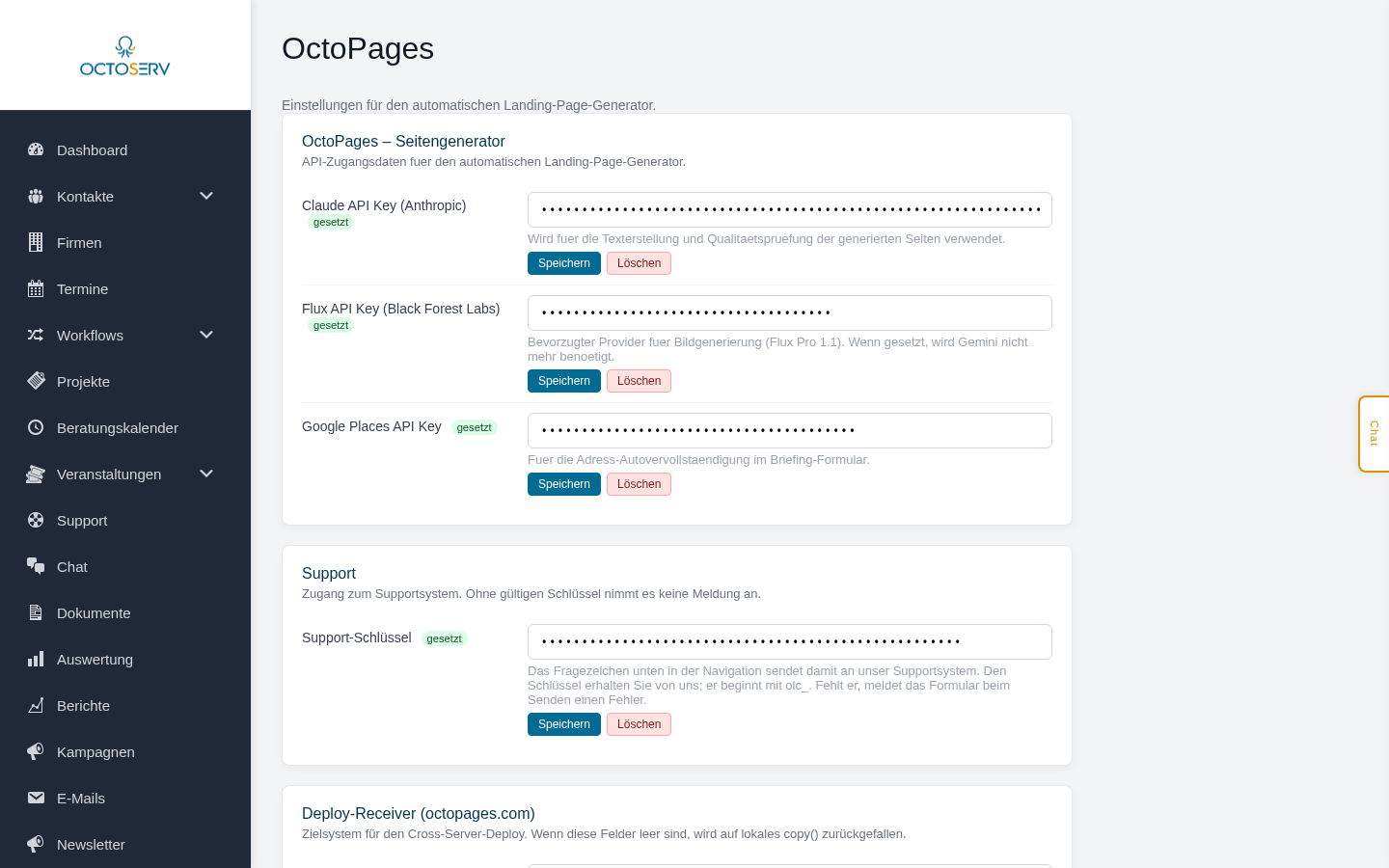 Feld Support-Schl&uuml;ssel unter Einstellungen, API-Keys