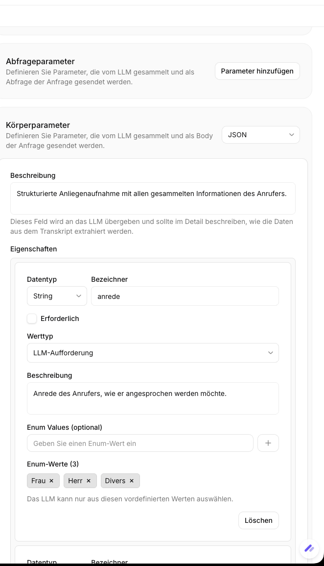 Body-Parameter des Werkzeugs mit dem Feld anrede und den Werten Frau, Herr, Divers