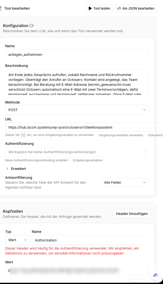 Werkzeug in der Sprachassistentin: Name, Beschreibung, POST, Endpunkt-Adresse und Authorization-Header