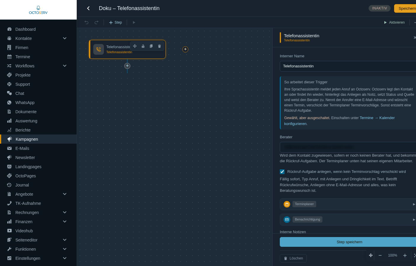 Trigger Telefonassistentin im Flow-Editor mit Berater, R&uuml;ckruf-Aufgabe, Terminplaner und Benachrichtigung
