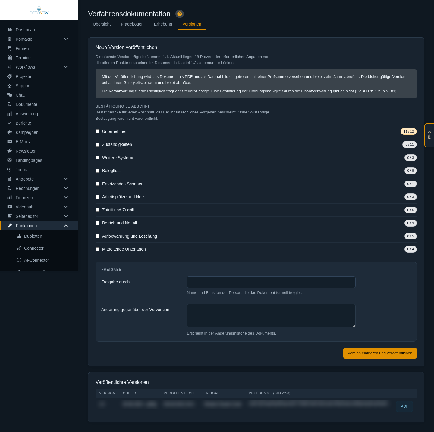 Die Versionsansicht mit Best&auml;tigung je Abschnitt und der Liste der ver&ouml;ffentlichten Fassungen