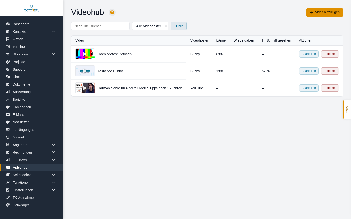Die Videoliste im Videohub