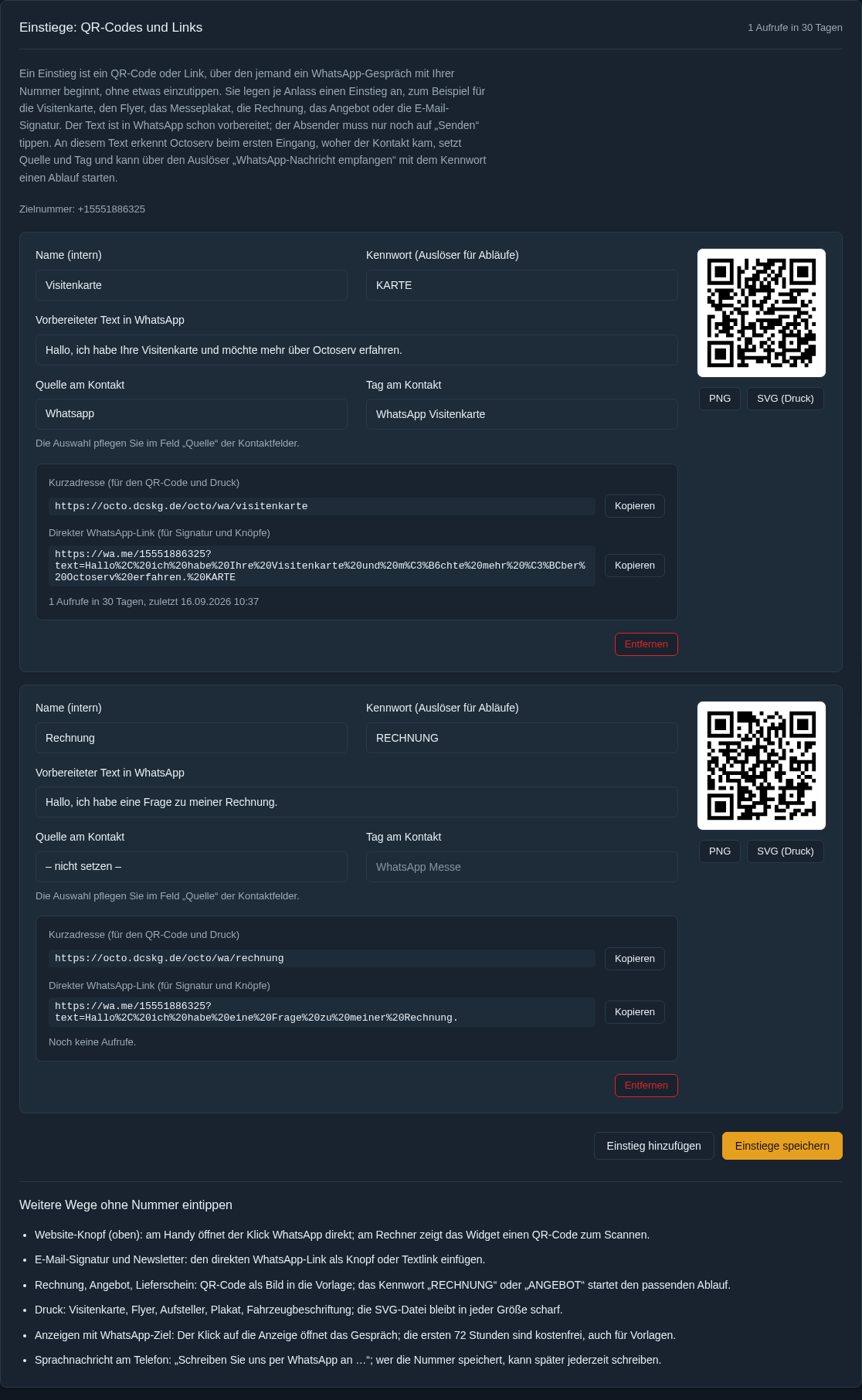 Einstellungen: Einstiege mit QR-Code, Kurzadresse und WhatsApp-Link
