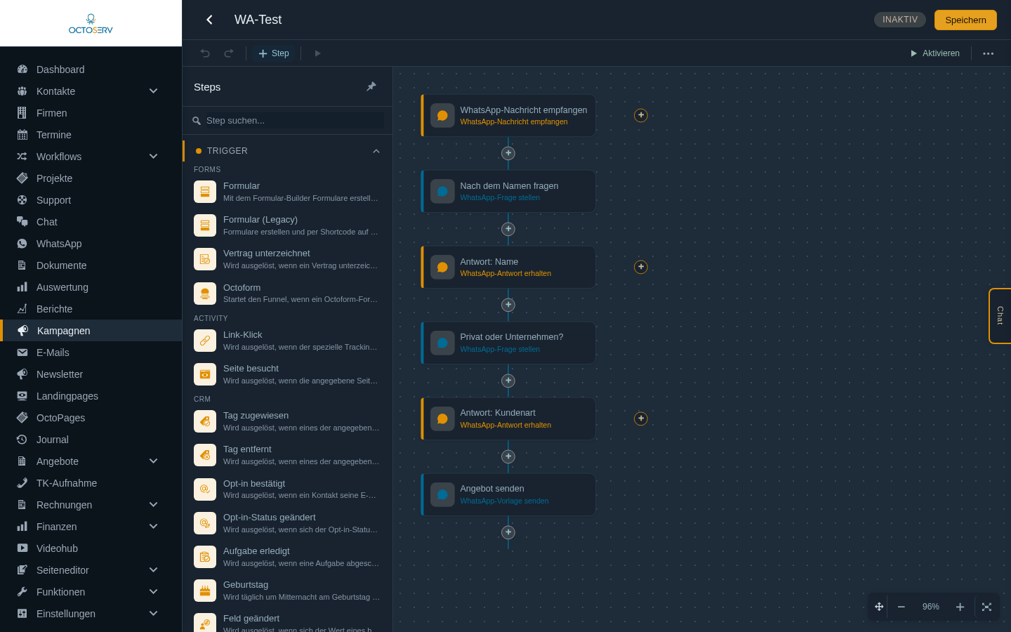Palette des Flow-Editors mit der Gruppe WhatsApp